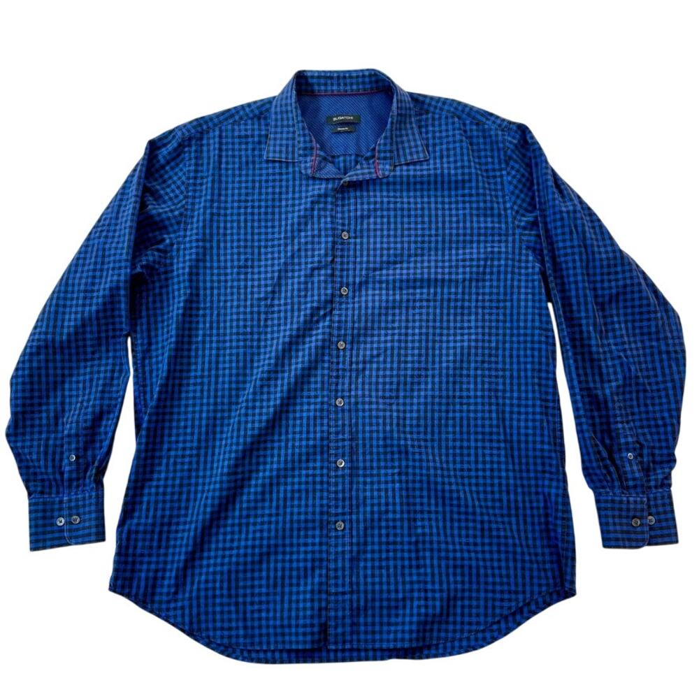 Bugatchi Mens XXL Blue Plaid Check Long Sleeve Button Down Shirt Classic